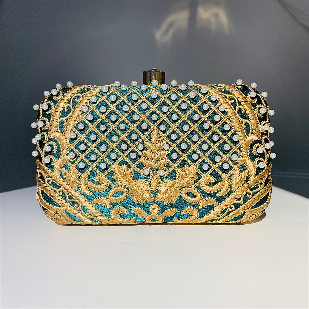 Vintage Elegant Evening Bags Fashion Handmade Embroider Pearl Beading Clutches For Women Prom Party Chain Shoulder Bag Handbag