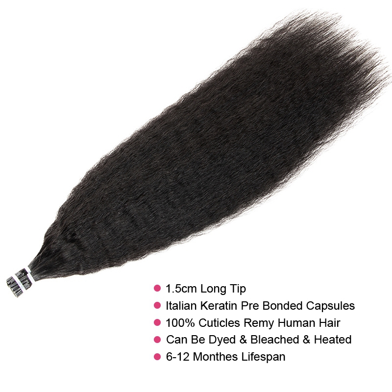 I Tip Human Hair Extensions Kinky Straight Cuticles Remy Micro Link With Free Beads 1.5cm 12"-26" Ship From US FR Warehouse