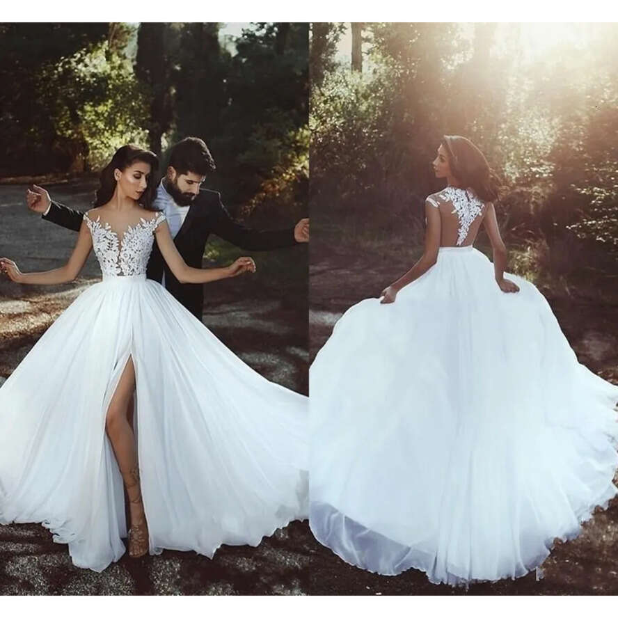 Plu Size Arabic Cheap A E Wedding Dree Illuion Cap Sleeve Lace Applique Split Chiffon Bohemian Beach Sweep Train Bridal Gown Pplique 0914
