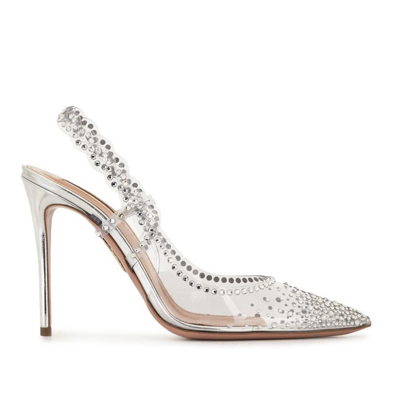 Women Transparent Crystal Shoes New Thin Heel Baotou Sandals Pointed Shallow Mouth High Heels Elegant Baotou Single Sandals 슬리퍼