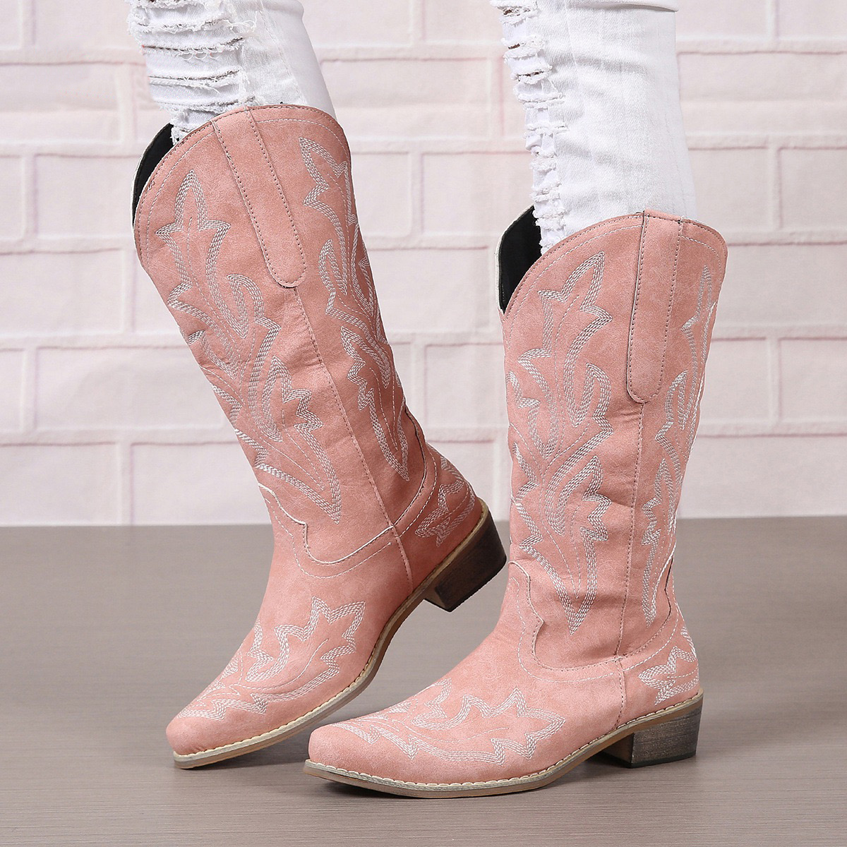 Embroidery Cowboy For Knee High Med Calf Vintage Western Cowgirl Boots Women Heeled Casual Shoes Autumn Block Heel 240724