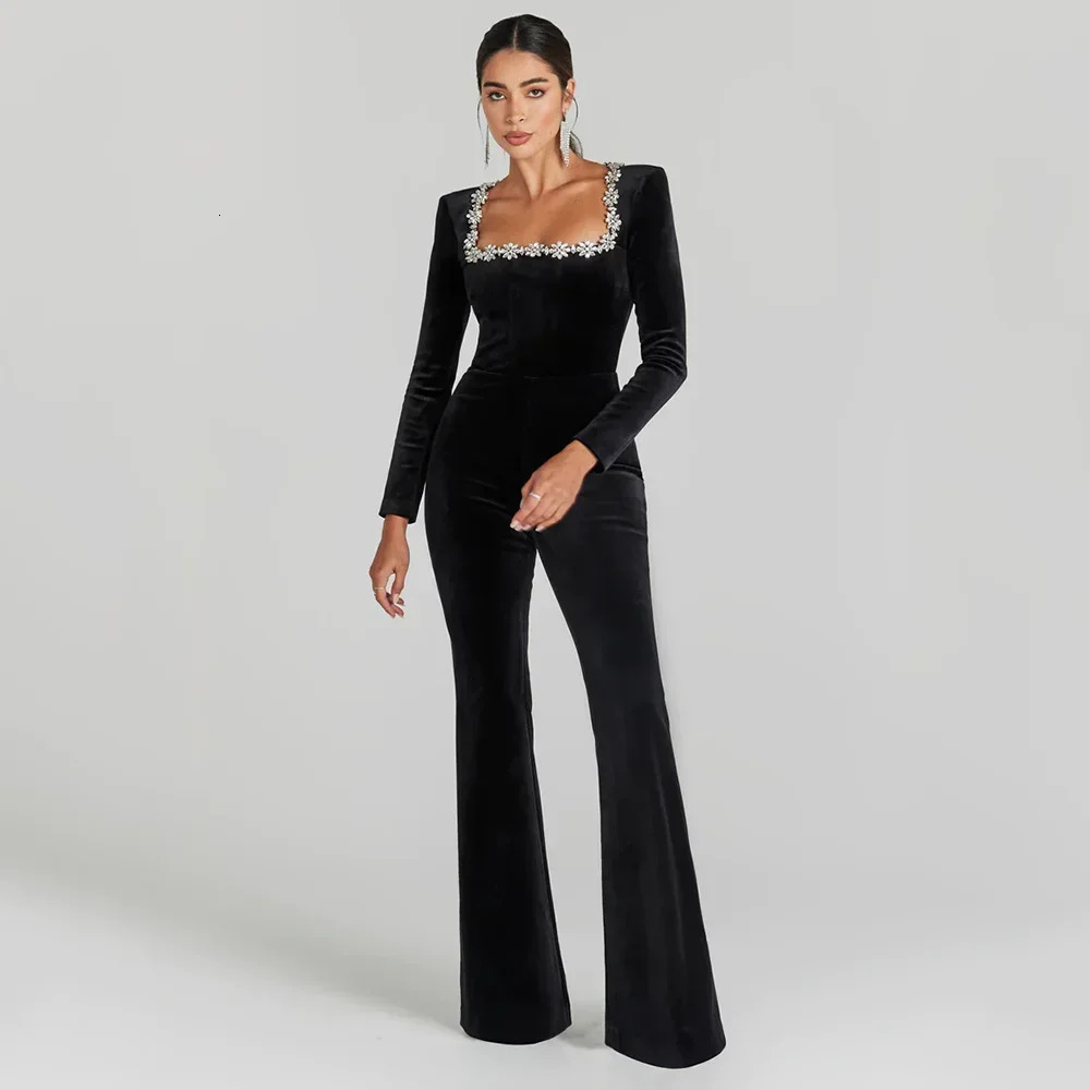 DEIVE TEGER womens black bandage jumpsuit square neck diamond high waist wide leg jumpsuit elegant party jumpsuit 241112