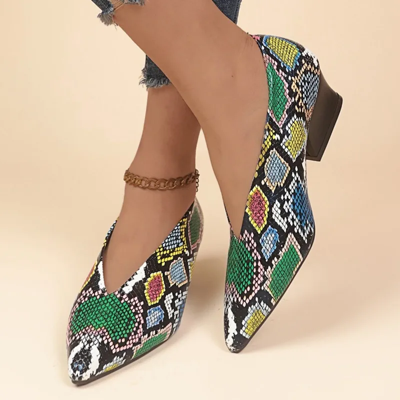 Women's Pumps 2024 Fall Spring Autumn Slope Heel Pointed Toe V Mouthc Single Black 4cm Serpentine Middle Heel Retro Granny Shoes