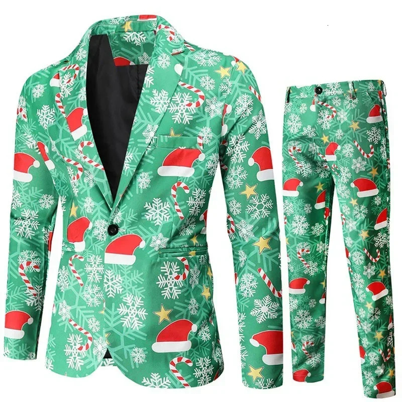 Men Tuxedo Suits Christmas 2 Piece Regular Fit Suit Snowflake Santa Print Blazer Jacket Pants Suit Set Party Outfits 241113