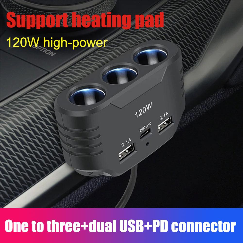 3 Socket Car Cigarette Lighter Splitter Dual USB LED Car Fast Charger 120W 12V 24V Car Charger Adapter for iPhone GPS Dashcam