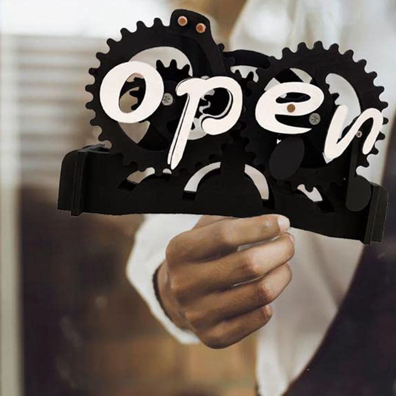 Open Closed Sign Board, Wooden Gear Mechanism Convertible Open Signs For Business, Creative Manual Mechanical Hanging