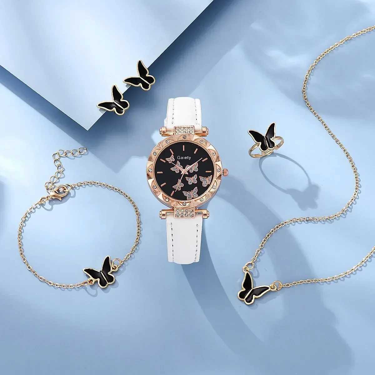 6/1pcs Set Women Watch Ring Necklace Earrings Bracelet Set Watches Butterfly Leather Strap Ladies Quartz WristWatch (No Box)XJ241109