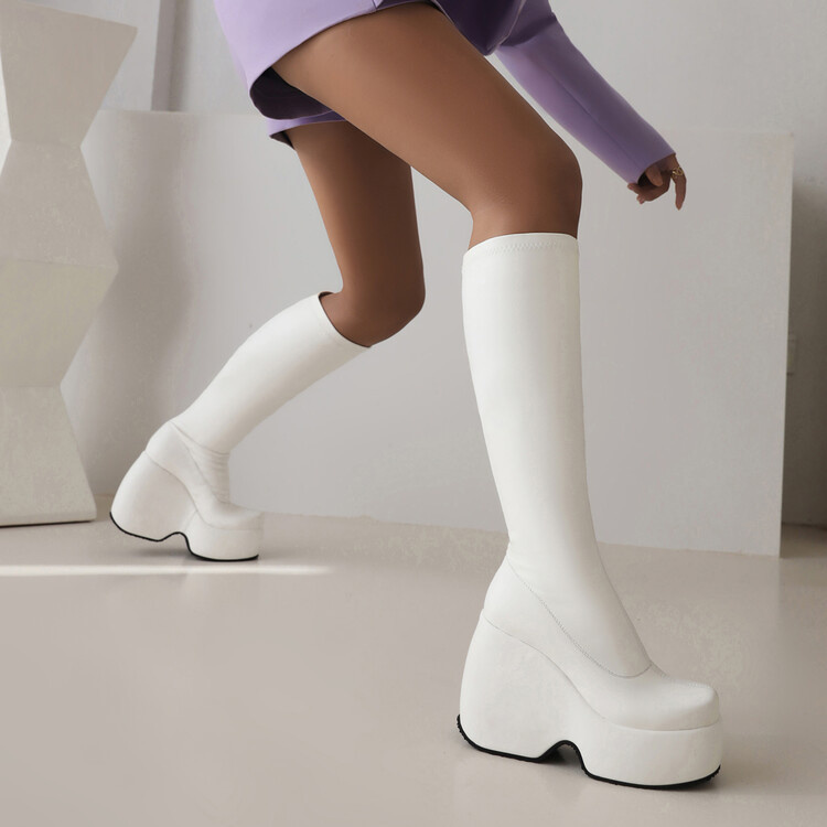 2024 Winter Platform Boots Women White Thick Sole Wedges Knee Boots High Heels Women's Punk Boots