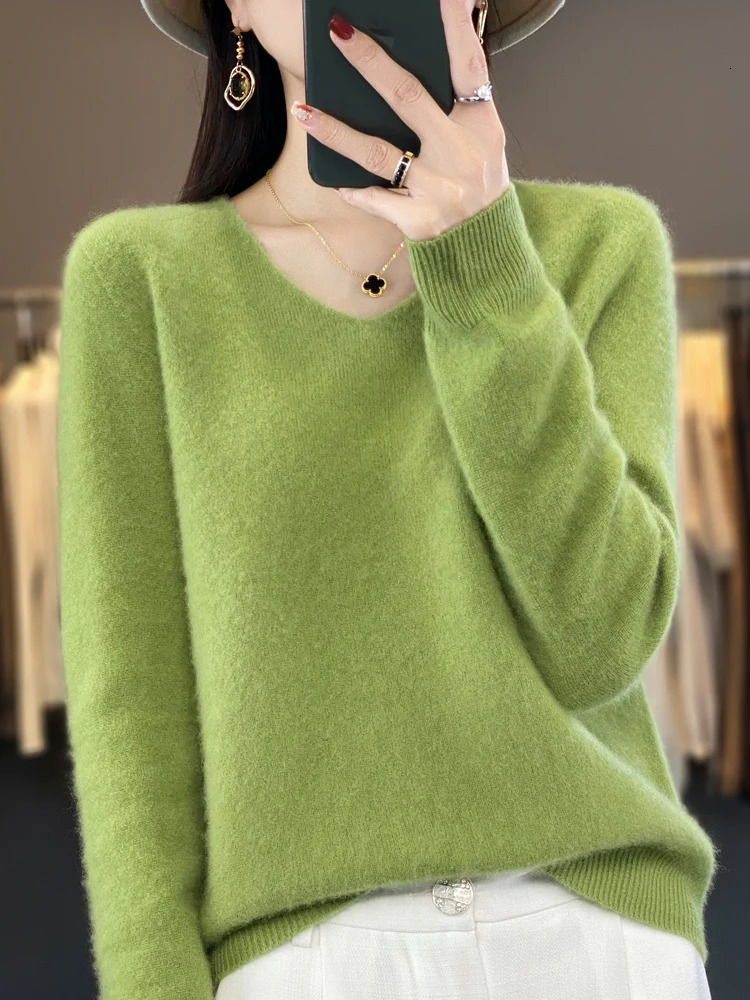 Fashion 100% Merino wool sweater cashmere latte womens knitted V-neck long sleeved autumn fashion basic clothing top 241113 - view 3