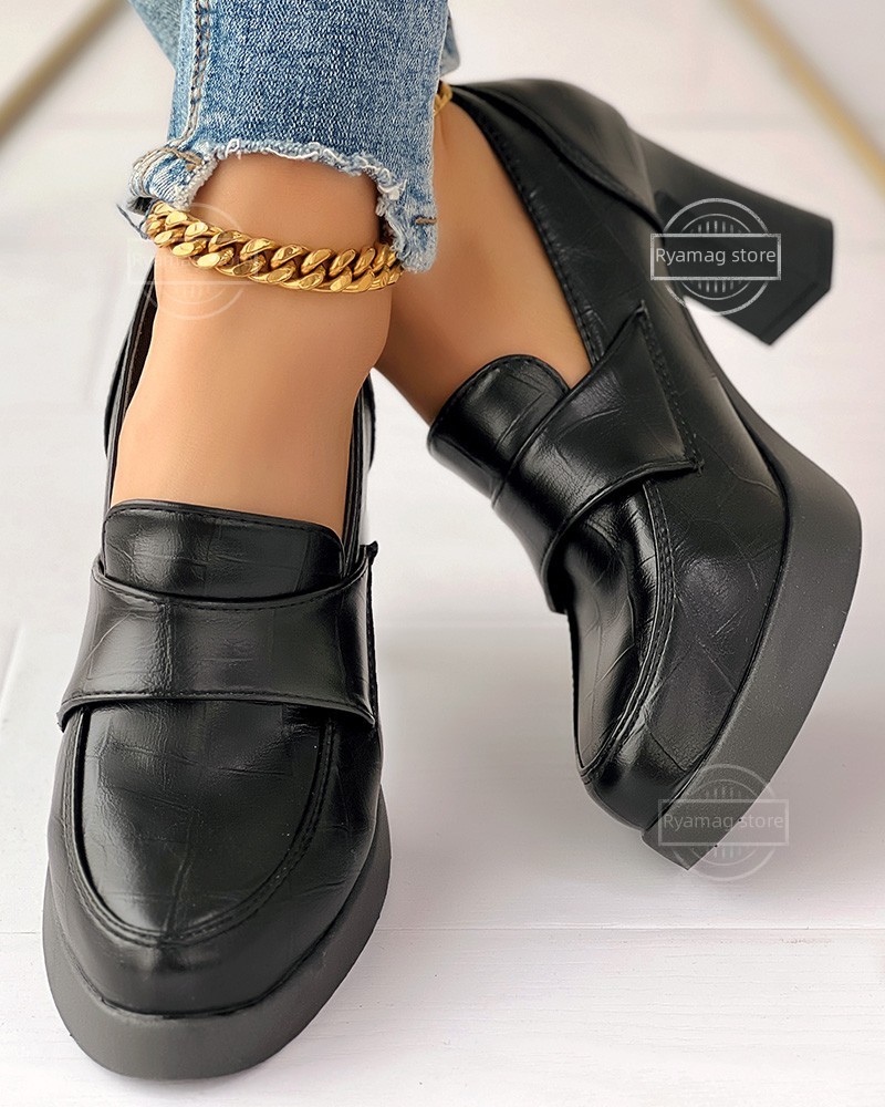 Loafers Women's Crocodile Round Toe Chunky Heel Pumps Mid Heel Square Heel Pumps Round Toe Office ShoesSlip-On Platform Pumps
