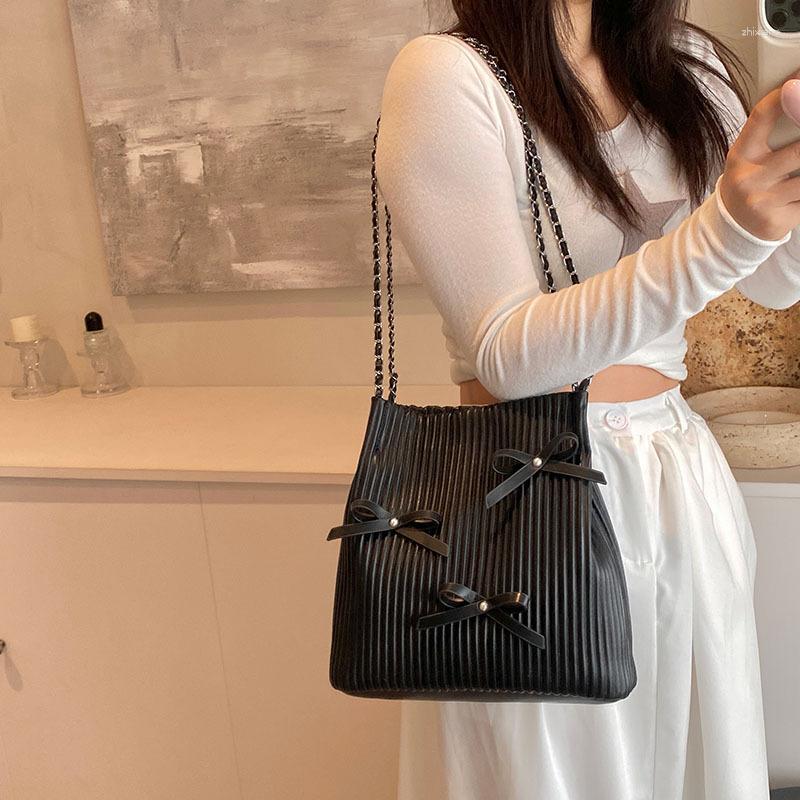 Drawstring Fashion Bucket Bag Korean Style Simple Casual Shoulder Summer Niche Pleated Handbag Bow Women's zhanyishengli