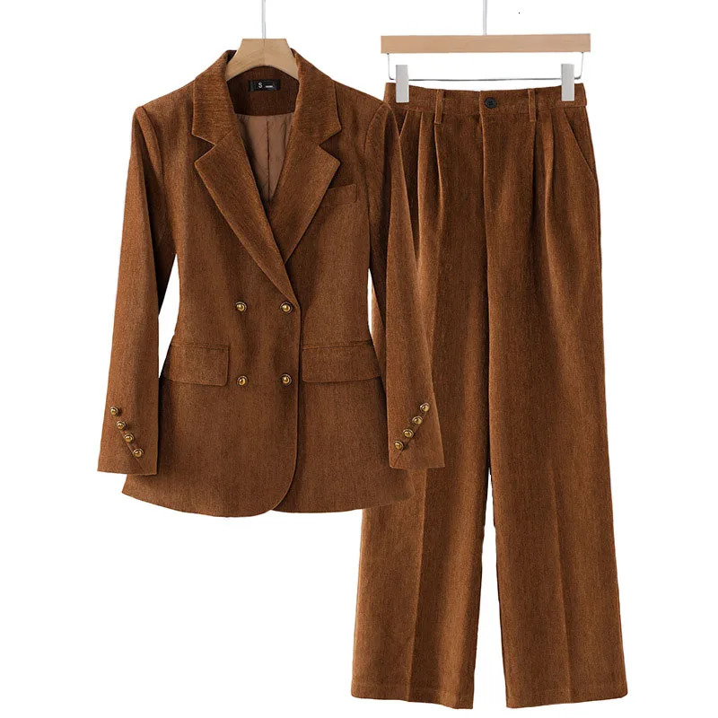 Winter Women Fashion Elegant Corduroy Pantsuit Vintage Chic Blazer Jackets and Pants Two Pieces Set Female Clothes Outfits 241113