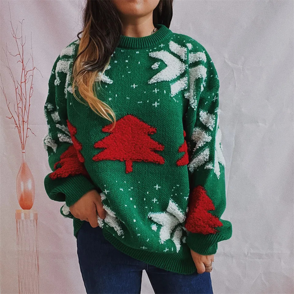 OMCHION Green Christmas Sweater Fashion Tree Embroidery Knitted Casual Loose Retro Womens Knitted Sweater 241113