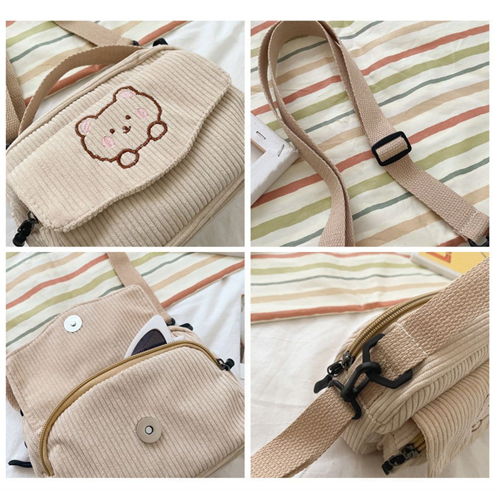 1PC Fashion Women Corduroy Cartoon Bear Print Shoulder Bags Student Tote Messenger Bag Portable Satchel Travel Handbags