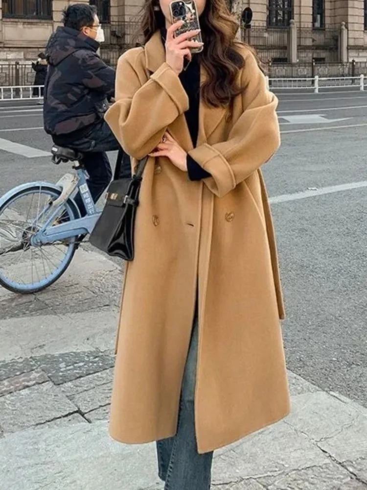 Korean Fashion Women Casual Loose Woolen Coat Elegant and Chic Solid Outerwear Long Overcoat with Belted Female Warm Cloak 241108