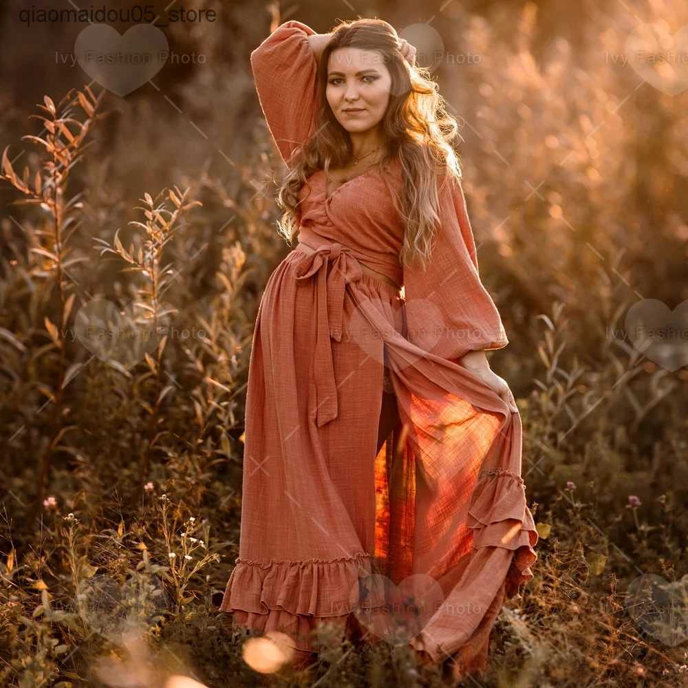 Maternity Dresses Linen Cotton Pregnant Women Bohemian Two Piece Photo Shooting Props Womens Dress Retro Top and Tight Baby Shower Q240413