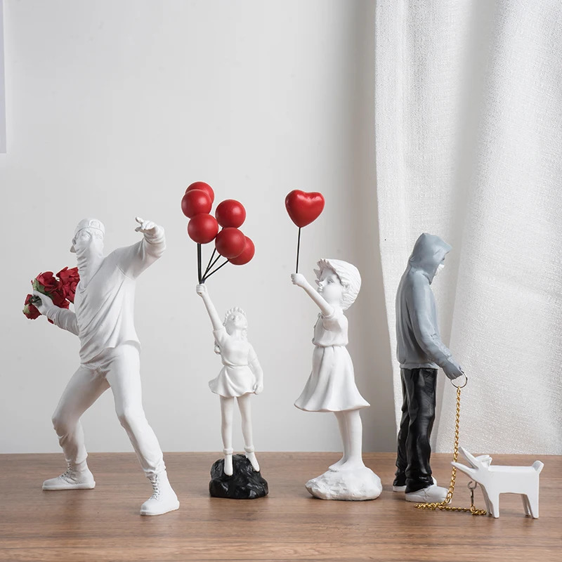 Banksy Sculpture Collection Flower Thrower Statue Pop Art Modern Balloon Girl Figurine Office Home Decoration Accessories Street 240409