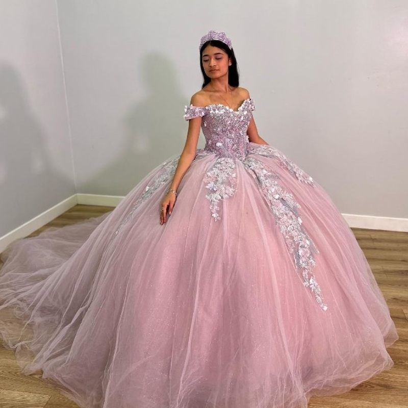 Mexico Pink Off The Shoulder Ball Gown Quinceanera Dresses Applique Lace Beads Crystal Tull Birthday Party Gowns Prom Dress Sweet 16 Vestidos De 15 An