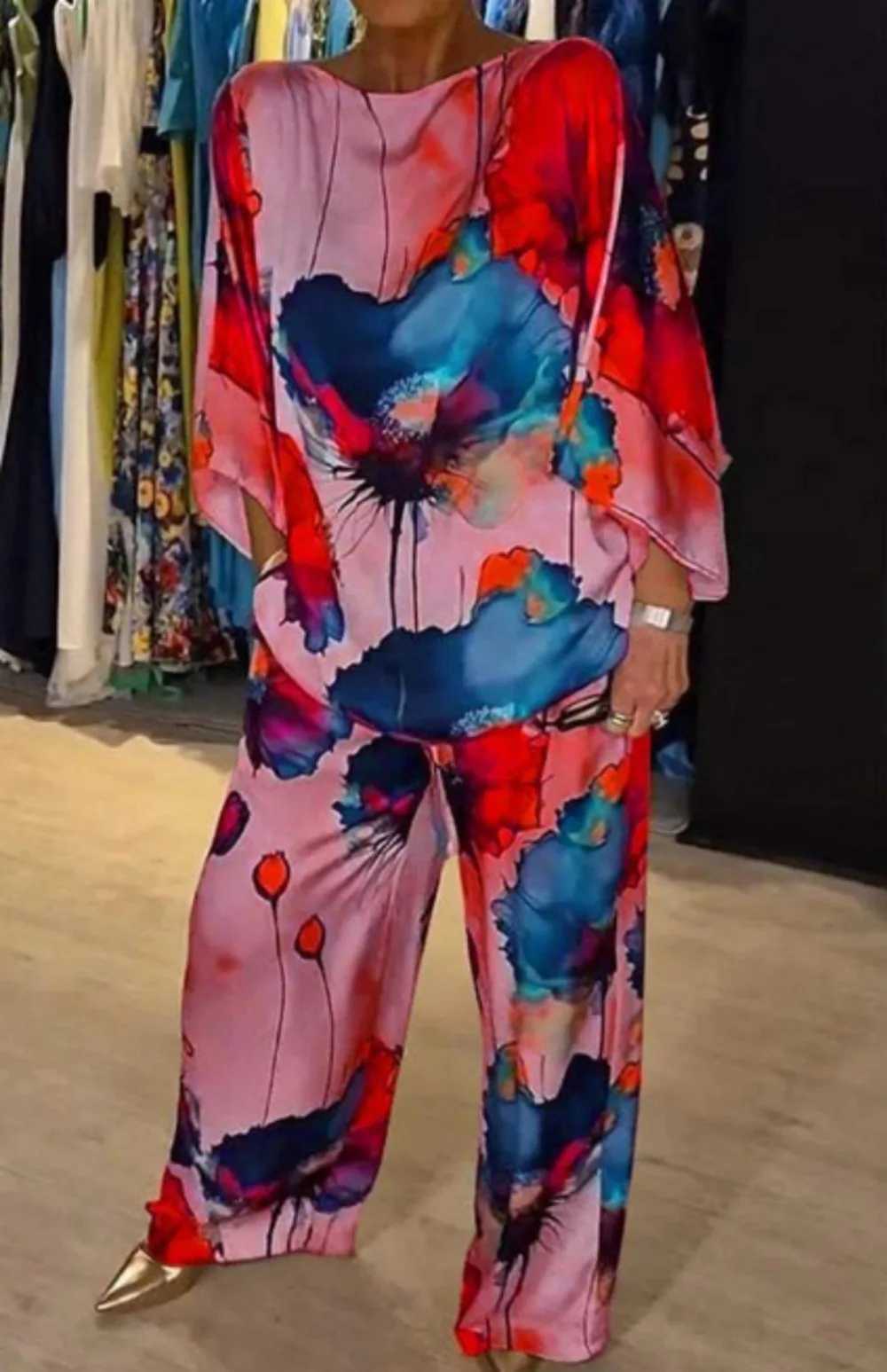 Pant Sets Women Satin Printed Two-piece Set Loose Casual Round Neck Top Wide Leg Pants Summer Conjuntos Para jeres 2 PiezasXJ250106