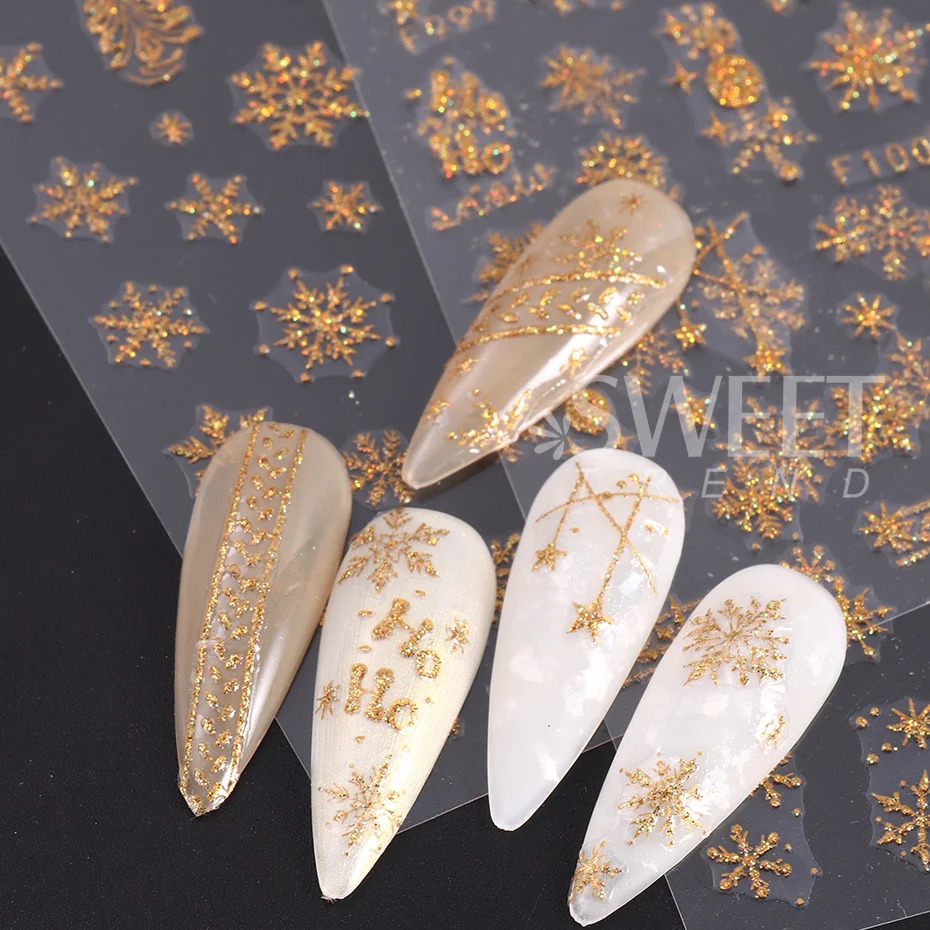 3D Gold Glitter Snowflake Nail Sticker Winter Reflective White Sweater Star Dancer Christmas Tree Foil Xmas Year Decal Tips 241112