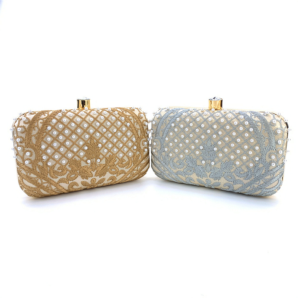 Vintage Elegant Evening Bags Fashion Handmade Embroider Pearl Beading Clutches For Women Prom Party Chain Shoulder Bag Handbag