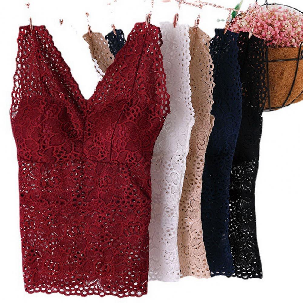 new Tank Top V-neck Padded Vest Spaghetti Straps All-Match Sexy 2025 Lace Long Bra Crochet Vest Inside Wear