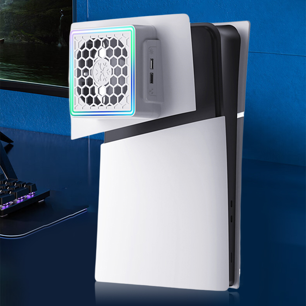 Cooling Fan with LED Light 2 USB Ports Game Console Side Cooler Side-mounted Fan Console Cooler Fan for PS5 SLIM