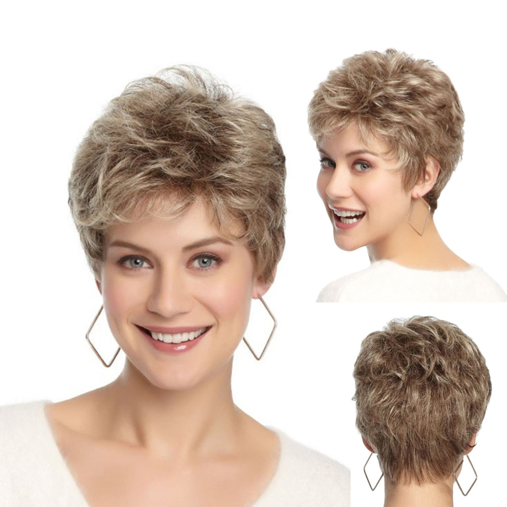 Women Natural Wigs Synthetic for Short goldenLayered Hair Wig with Fluffy Bangs Afro Daily Heat Resistant smile