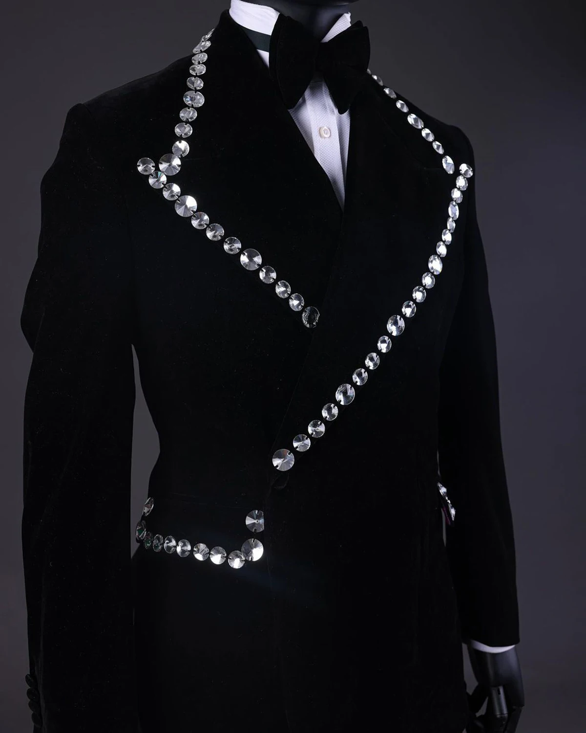 Crystal Beads Men Suits Slim Fit Groom Wedding Tuxedos 2 Pieces Double Breasted Black Velvet Male Prom Blazer Costume Homme