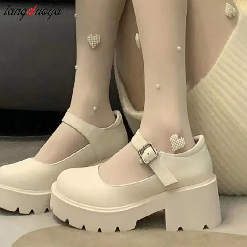 white lolita shoes Women platform mary jane Shoes japanese school JK High Heel Uniform Shoes Women Vintage buckle cosplay shoes 241112