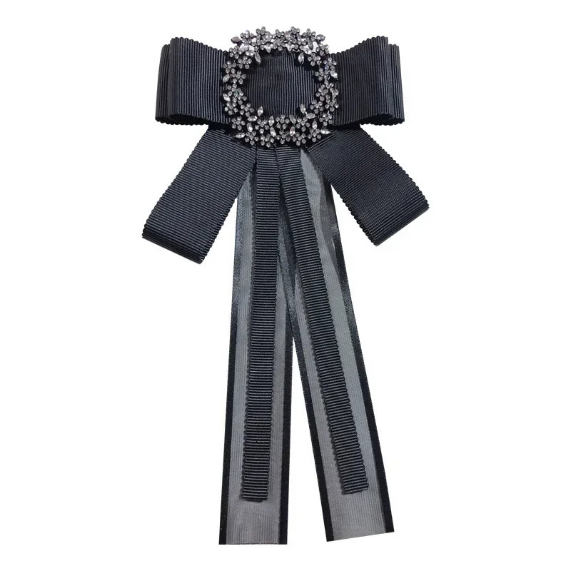 Korean Fashion Bow Tie Brooches Pins Handmade Black Fabric Crystal Bows Necktie Female Shirt Collar School Uniform Accessories 241113