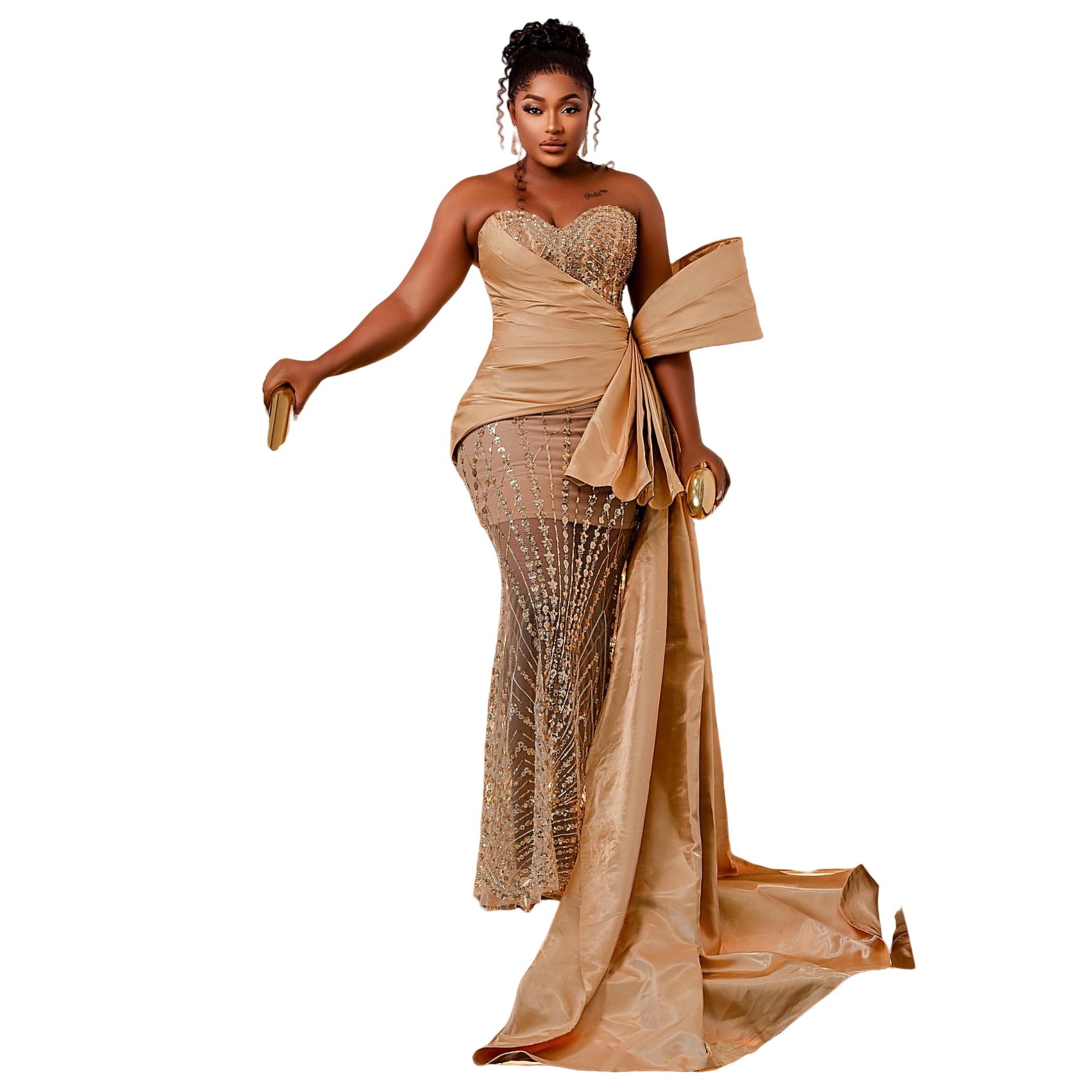 2024 Plus Size Gold Illusion Mermaid Prom Dresses For Special Occasions Sequined Lace Satin Bow Evening Party Birthday Gowns Dress For Women Vestidos 