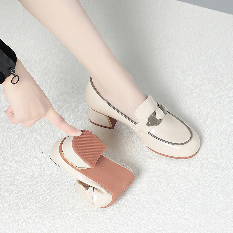 Spring Deep Mouth Thick Heel Loafers Women Autumn Soft Leather Shoes Slip-on Pedals British Style Fashion Shoes 241112