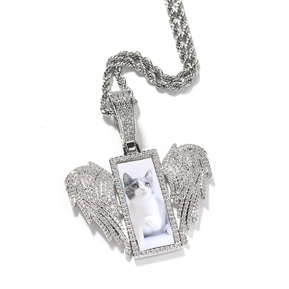 Top Quality Bling Rectangular Angel Wings Custom Photo Pendant Necklace Punk Hip Hop Jewelry New Creative Ins Style Necklaces Iced Out Cz Stone Jewelr