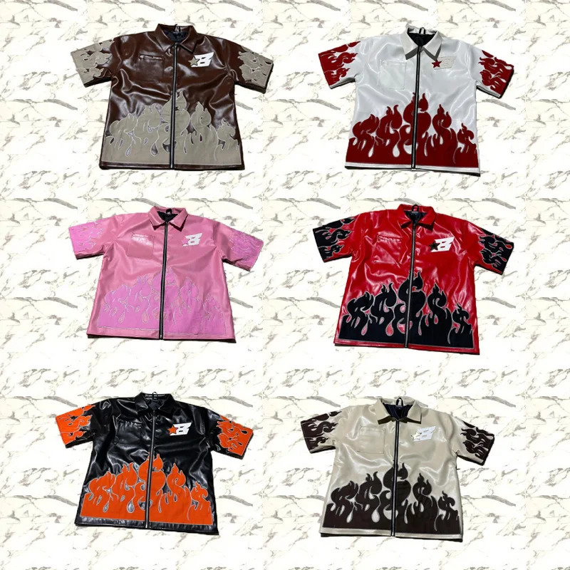 Y2K Flame Harajuku Leather Jacket Punk Style Fashion Embroidery USD Pattern Patch Mens Loose Rest Cardigan T-shirt 241112