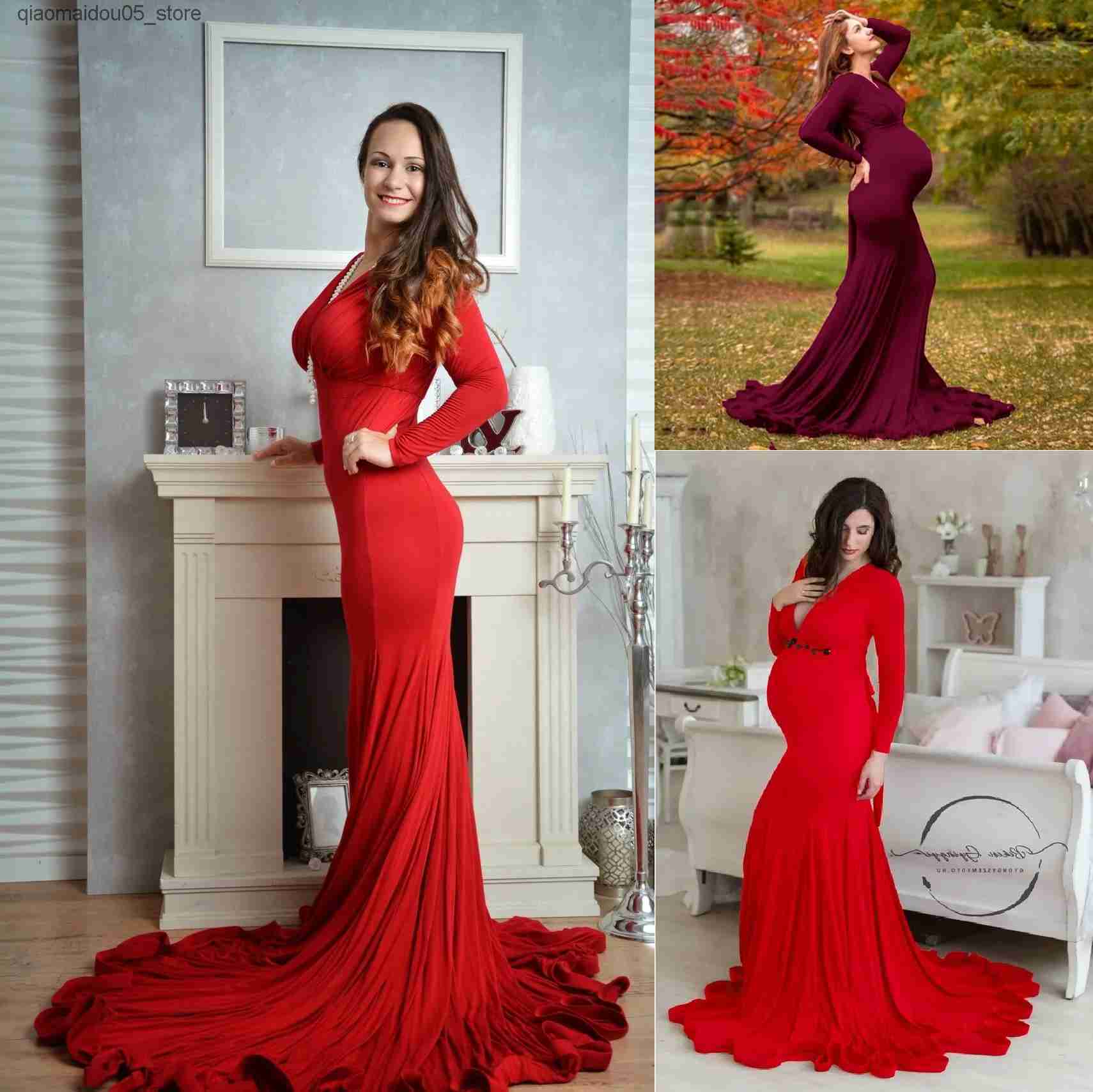 Maternity Dresses Pregnant womens deep V-neck long sleeved maternity photography dress mermaid baby shower Maxi dress Q240413