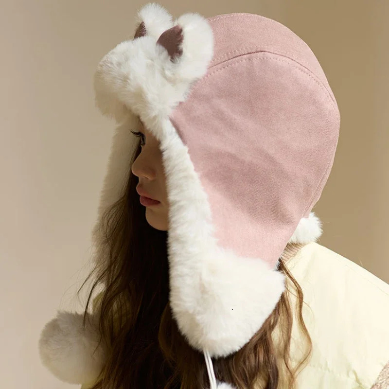 Winter Cartoon Hat Bear Ear Lamb Beanie Hats Warm Thickened Ear Protection Beanies for Women Girl Kawaii 241112