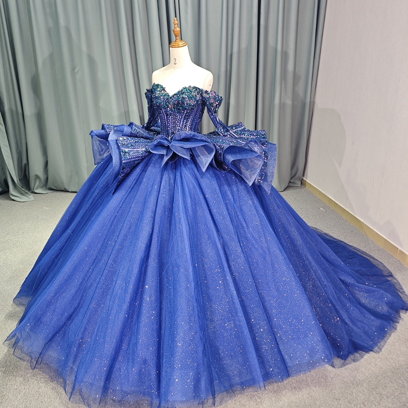 Blue Navy Shiny Princess Quinceanera Dresses Off The Shoulder Ball Gown Sweet Dress Beads Sequin Appliques Lace Tull Party Birthday D