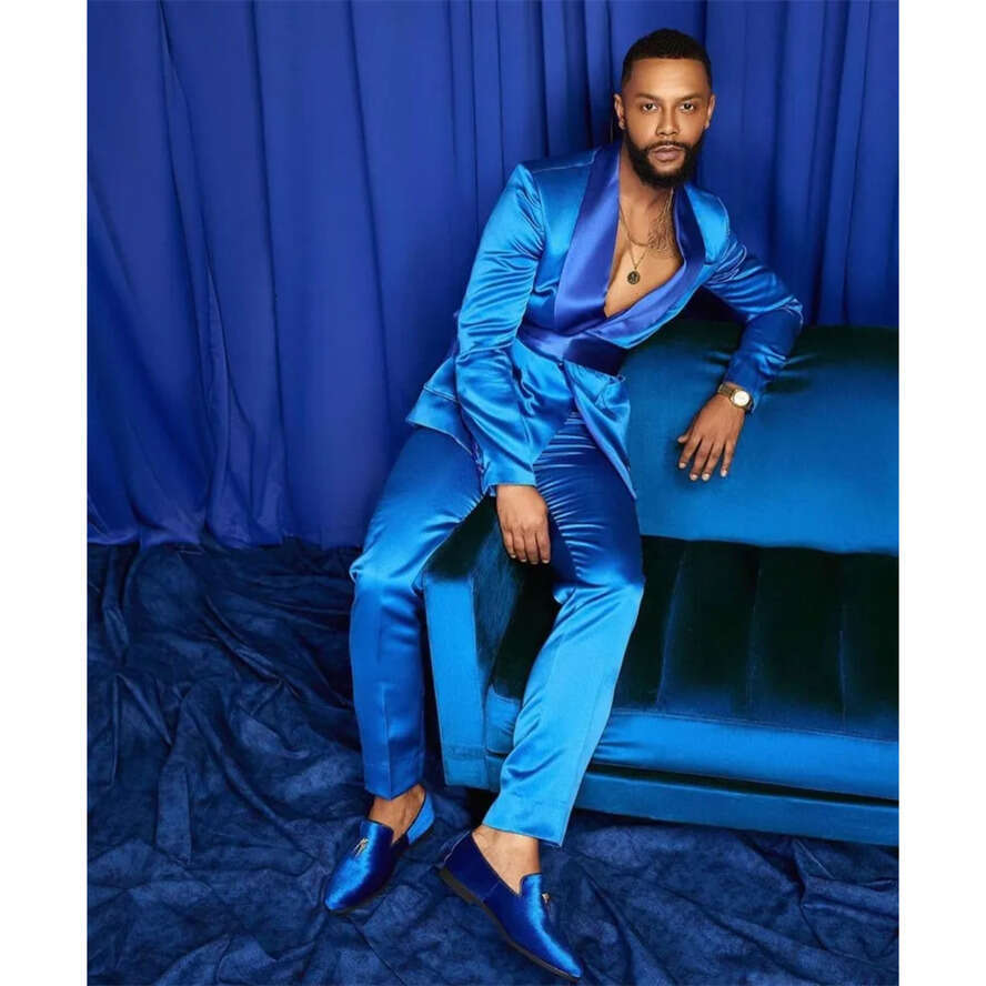 Two-Piece Silk Satin Summer Tuxedos for Men - Blue Wedding, Party Wear, Business