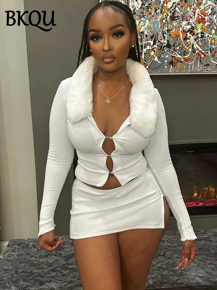 BKQU sexy fur collar hollow crop top mini skiing womens 2-piece set autumn elegant knitted tight nightclub dress 241112