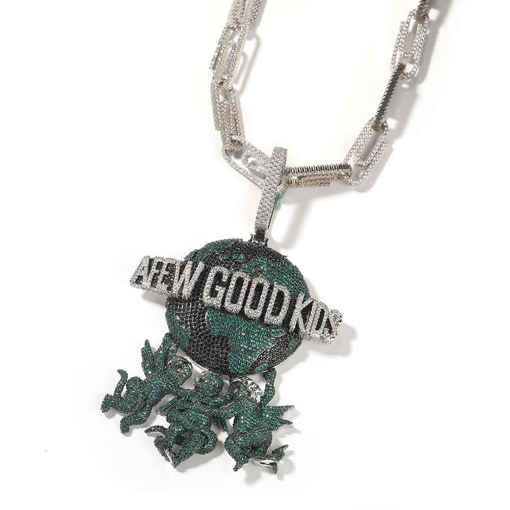 Top Quality Hip Hop Wolf Tide Hip Hop New Angel Earth Pendant Necklace Copper Set Colorful Cubic Zirconia Versatile Fashion Brand Metal Jewelry neckla