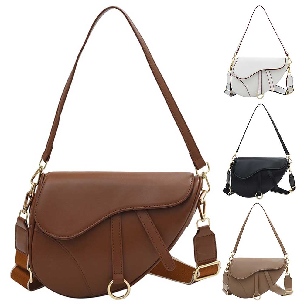 Women Solid Color Shoulder Bag Ladies Fashion PU Leather Sling Bag with Two Straps Waterproof Saddle Shoulder Bag Travel Bags