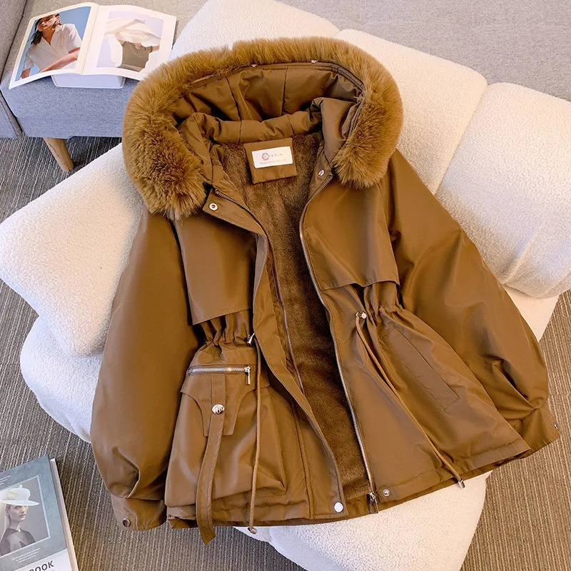 Fleece Lined Hood Down Jacket Winter Coat for Women Warm Drawstring Padded Parkas Korean Casual Streetwear Female Puffer Outwear y241108
