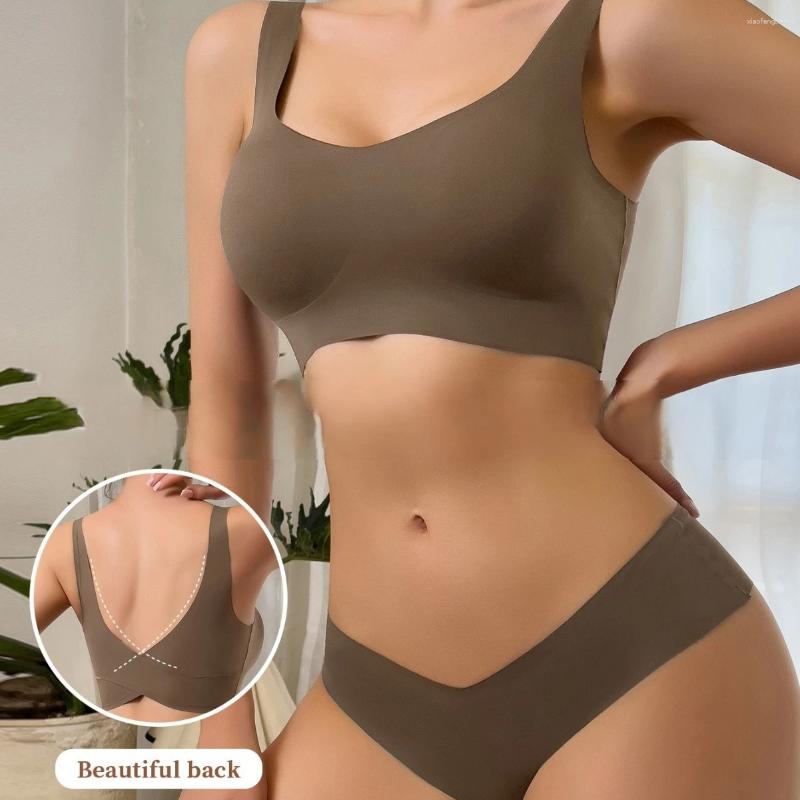 Bras Sets 1 Set/Seamless Women Underwear Set Sexy Push Up Bra Ice Silk Breathable Wireless Detachable Padding Backless Cross Lingerie