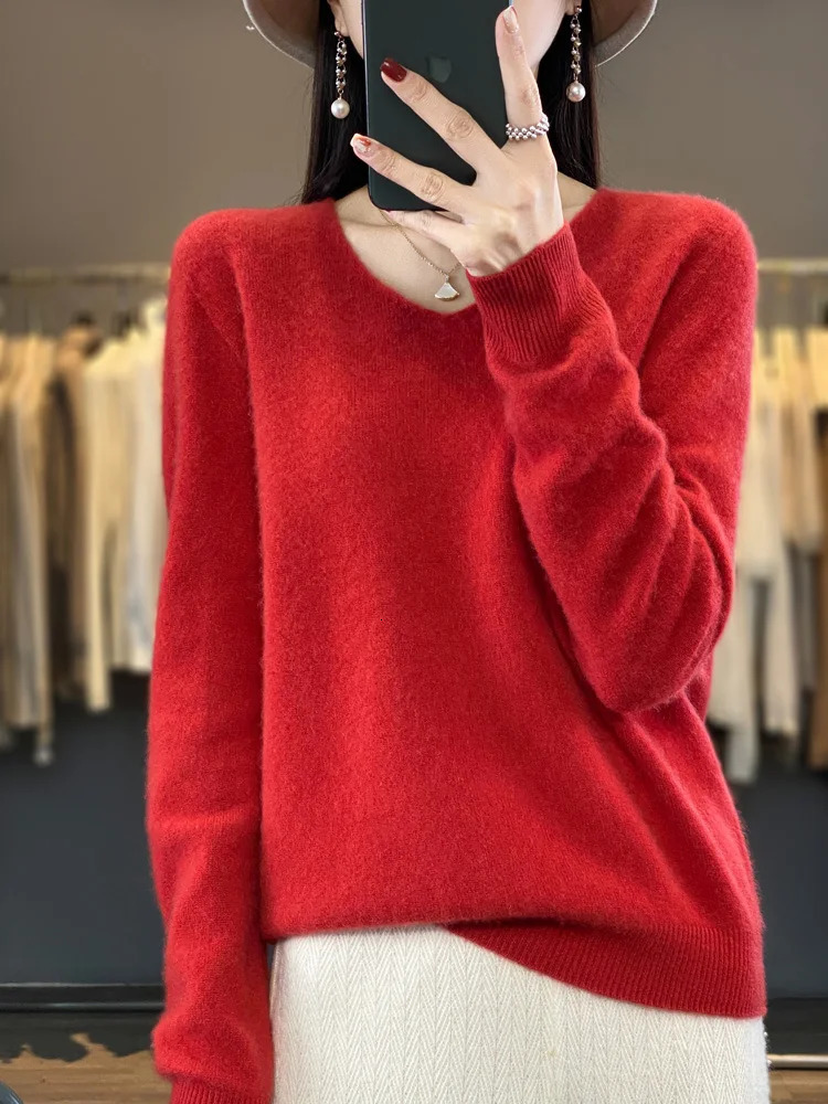 Fashion 100% Merino wool sweater cashmere latte womens knitted V-neck long sleeved autumn fashion basic clothing top 241113 - view 6