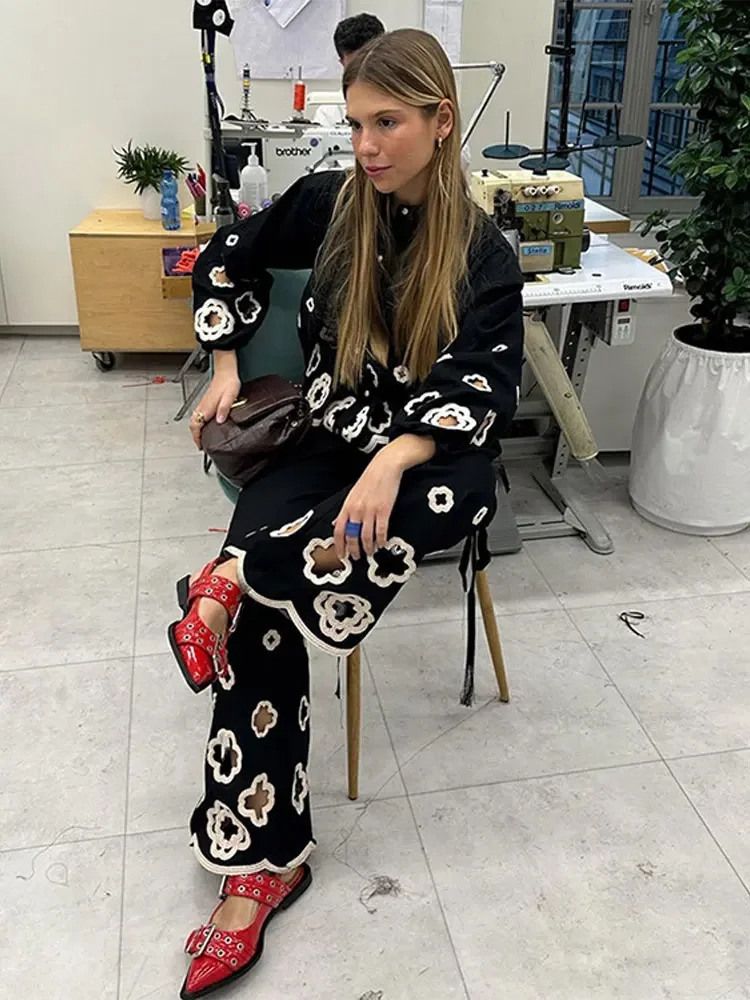 2024 Spring Chic Hook Flower Hollow Out Womens Lace Pants Set Retro Lapel Long Lantern Sleeve Shirt Suit Lady Elegant Outfit 240402