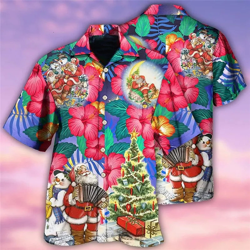Christmas Mens Hawaii Shirt Short Sleeve Year Xmas 3D Printing Tops Santa Claus Party Beachwear Camping Vacation Apparel 241108