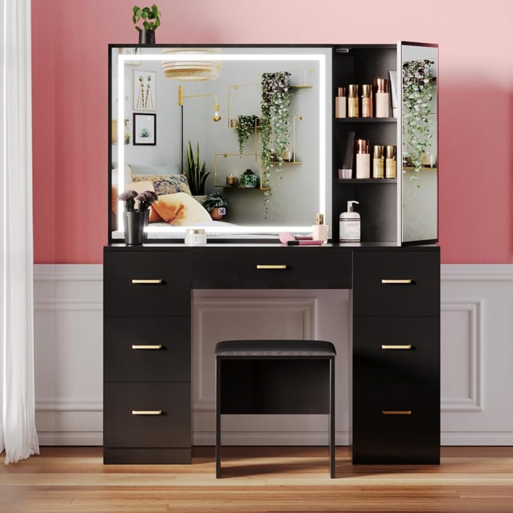 Bedroom Vanity Desk for Women (Black Furniture Dressing Table With Mirror Multifunctional Makeup Table Tall Dresser Large) Home