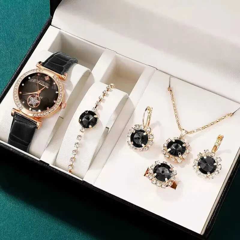 6PCS Set Green Luxury Quartz Watch Women Ring Necklace Earring Rhinestone Fashion Wristwatch Casual Ladies Bracelet WatchesXJ241109