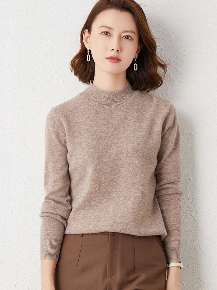 Womens solid semi high neck cashmere sweater autumn and winter loose plus size knitted wool casual sweater bottom sweater 241113
